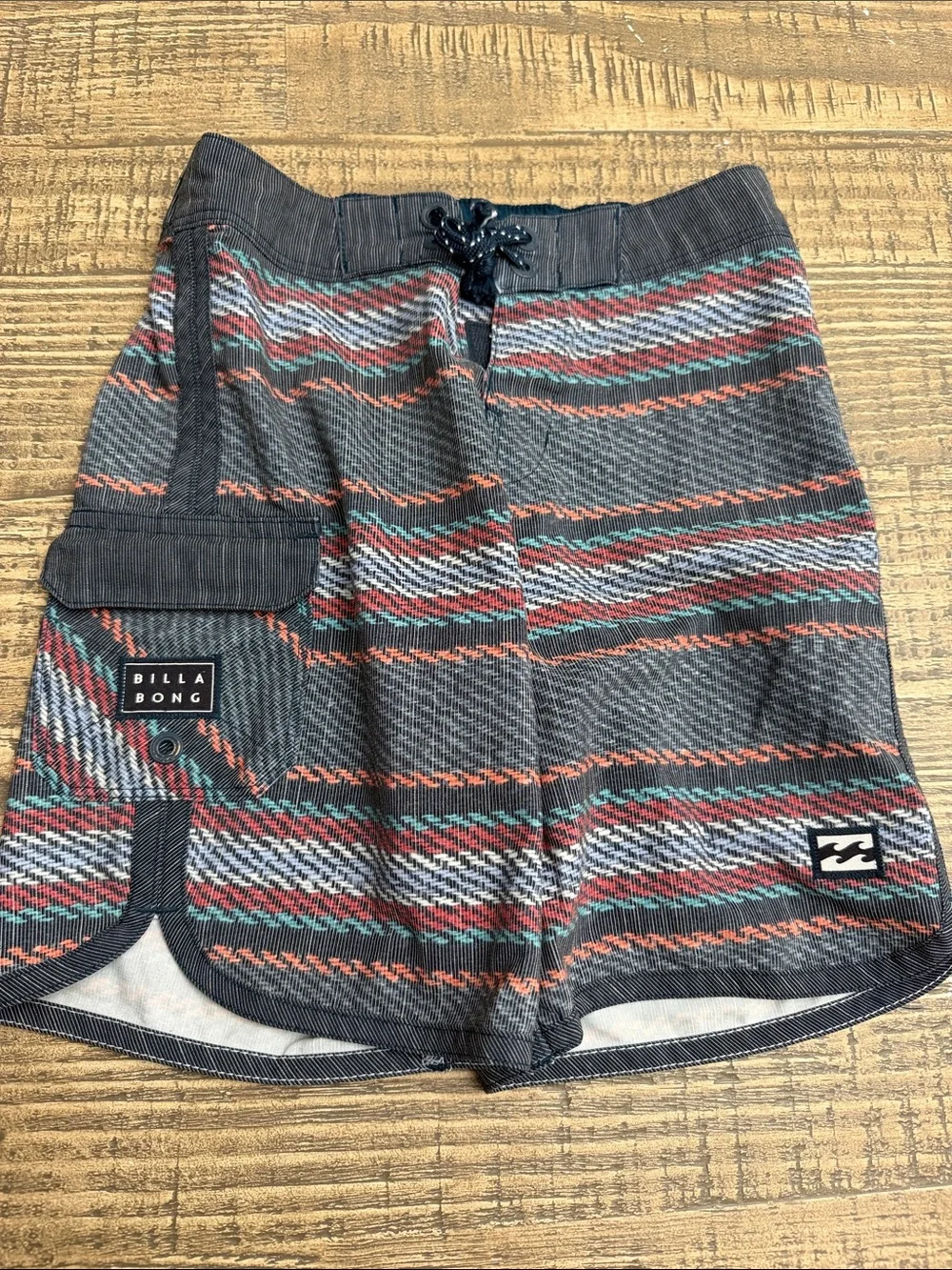 Billabong Kids Gray Swim Trunks with Red and Teal Stripes